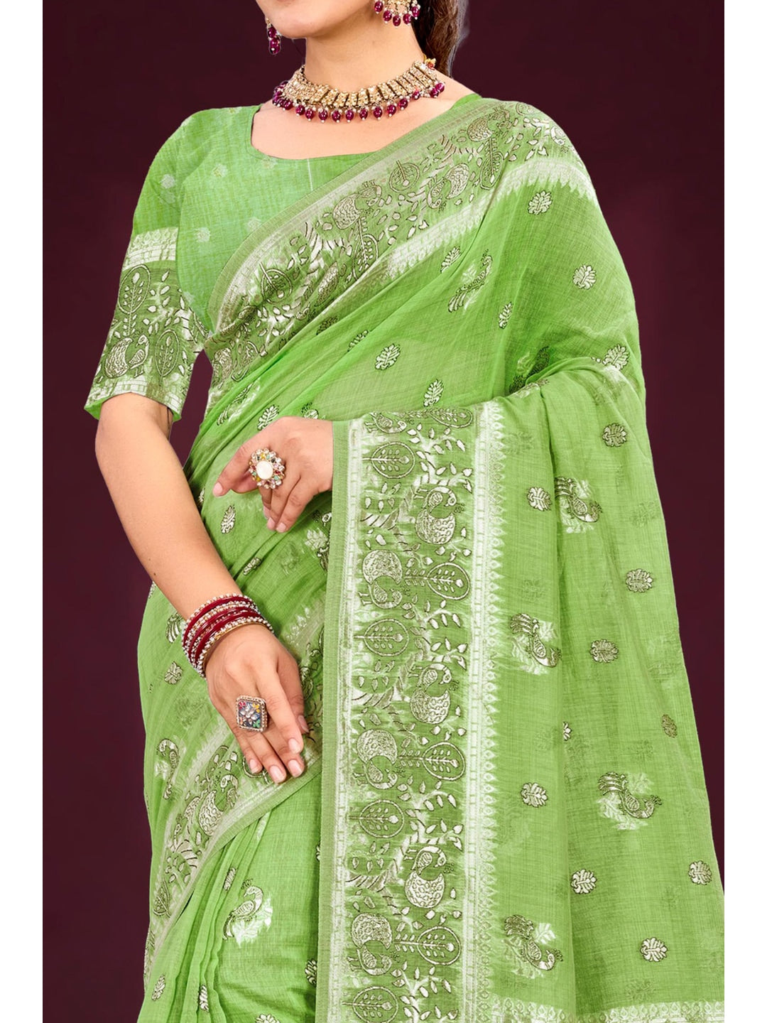 Peachmode Green Cotton Blend Aarohi cotton Saree - Image 4
