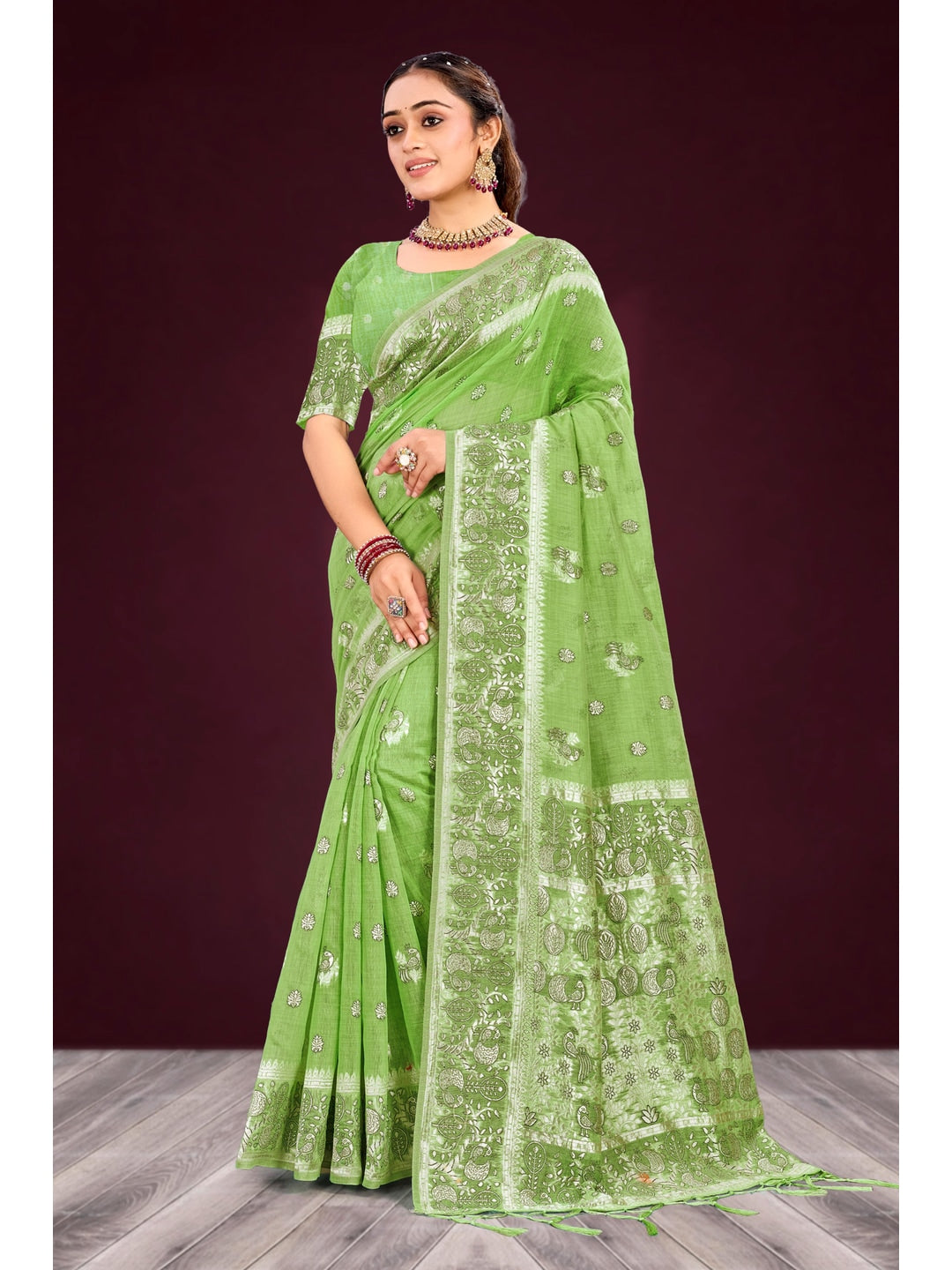 Peachmode Green Cotton Blend Aarohi cotton Saree - Image 1
