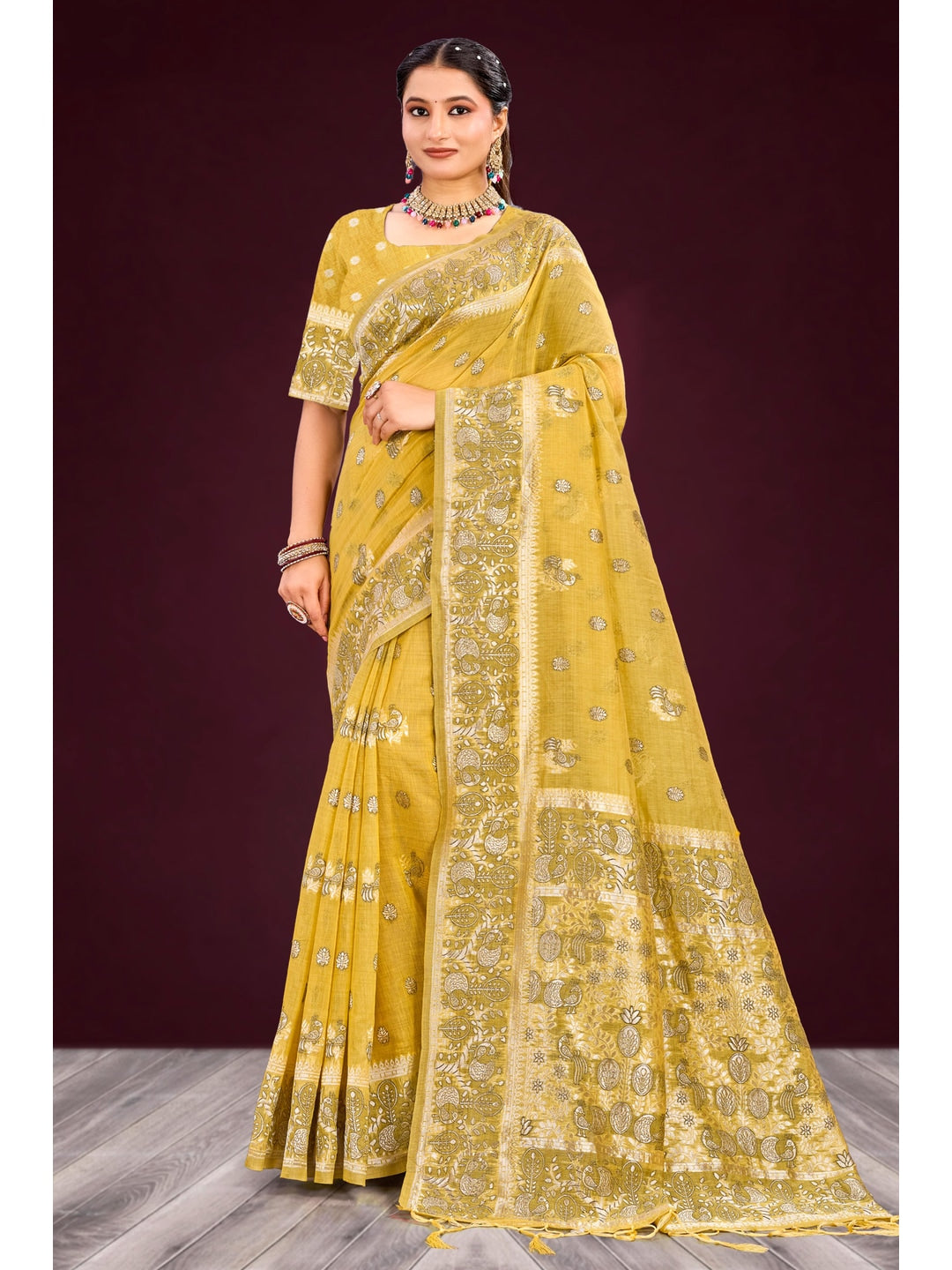 Peachmode Yellow Cotton Blend Aarohi cotton Saree - Image 1