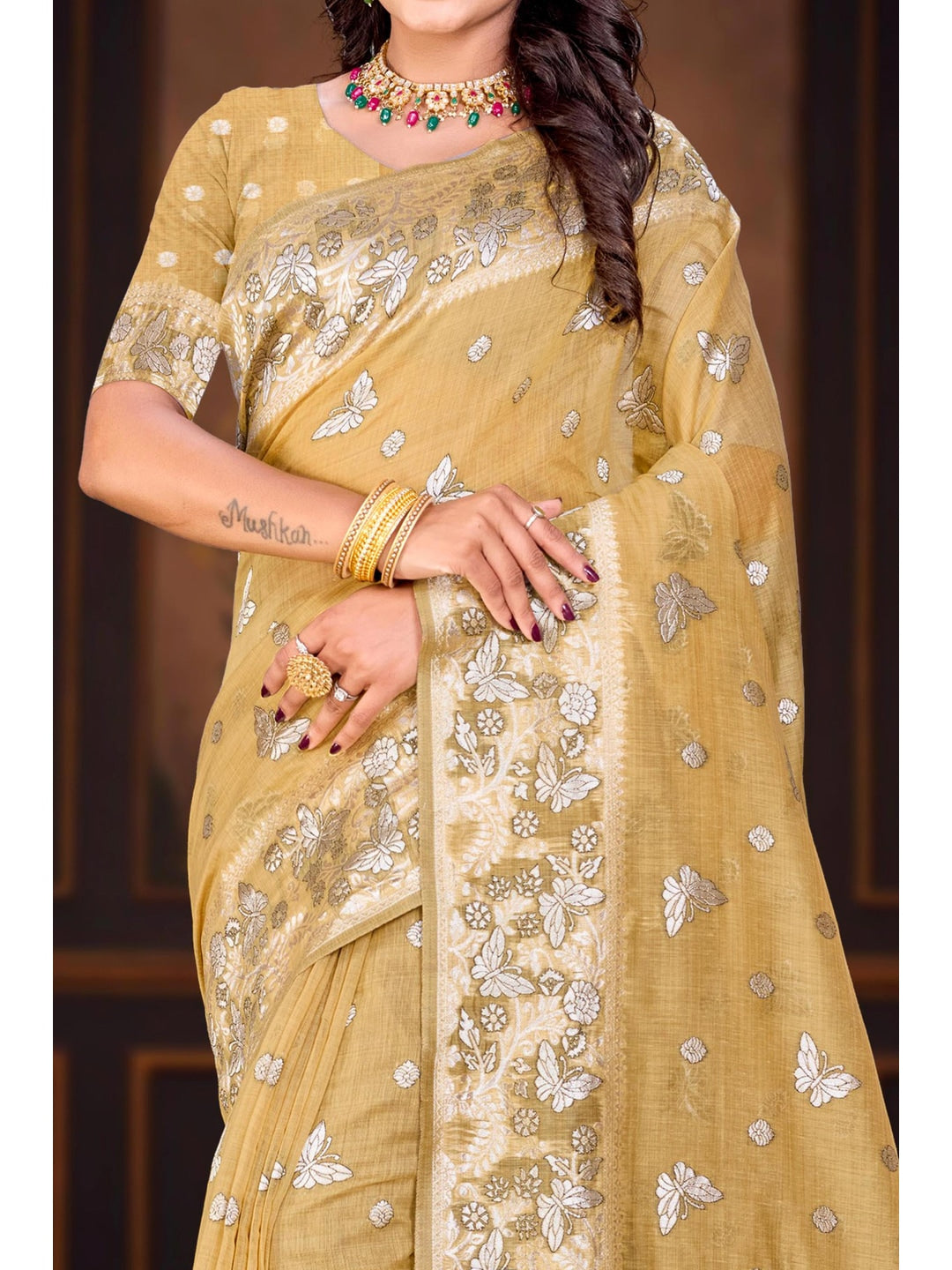 Peachmode Yellow Cotton Blend Aarohi cotton Saree - Image 4