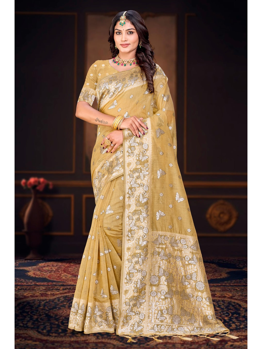 Peachmode Yellow Cotton Blend Aarohi cotton Saree - Image 1