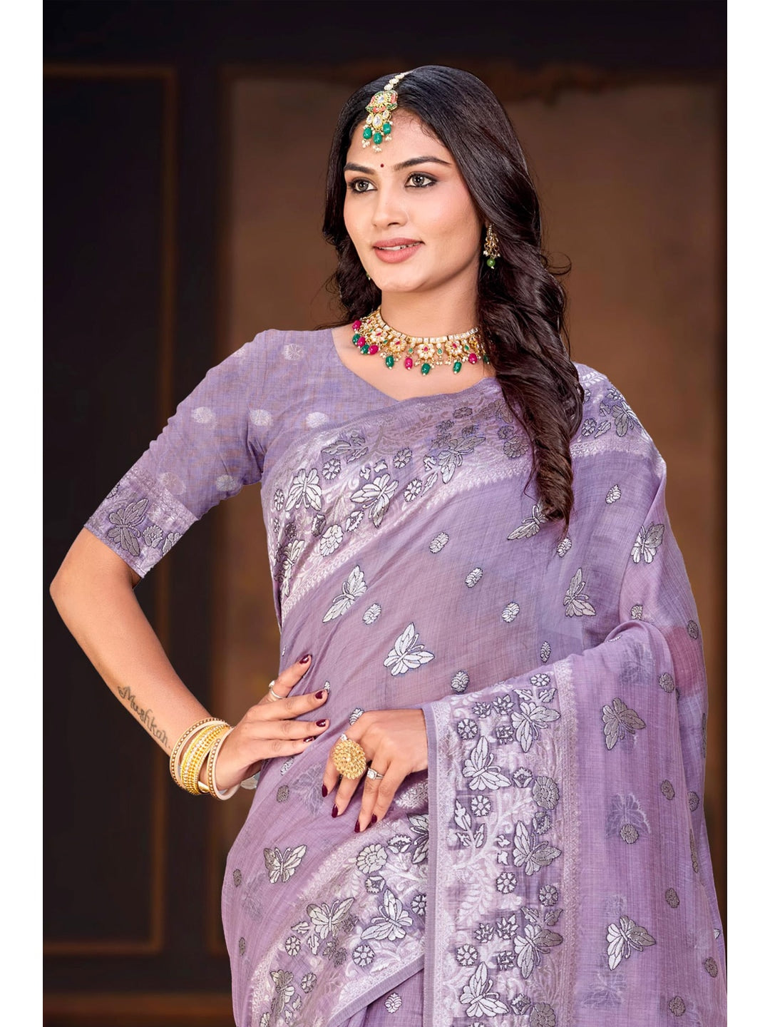 Peachmode Purple Cotton Blend Aarohi cotton Saree - Image 2