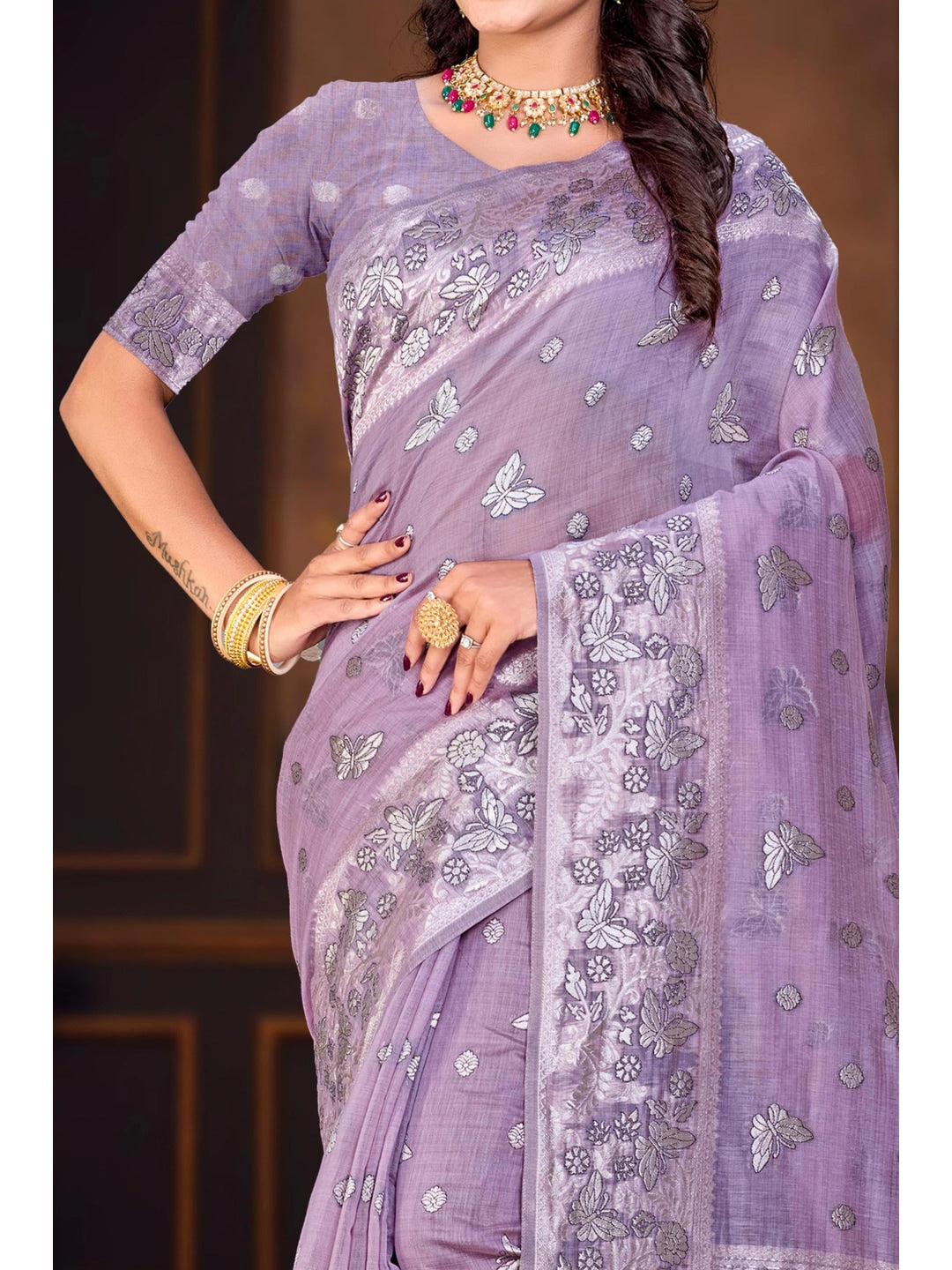 Peachmode Purple Cotton Blend Aarohi cotton Saree - Image 4