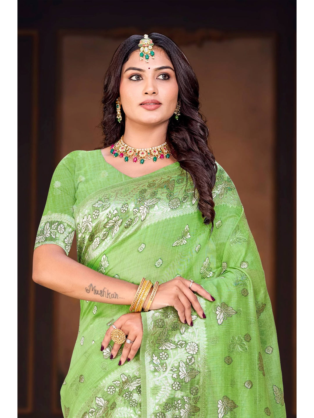 Peachmode Green Cotton Blend Aarohi cotton Saree - Image 2