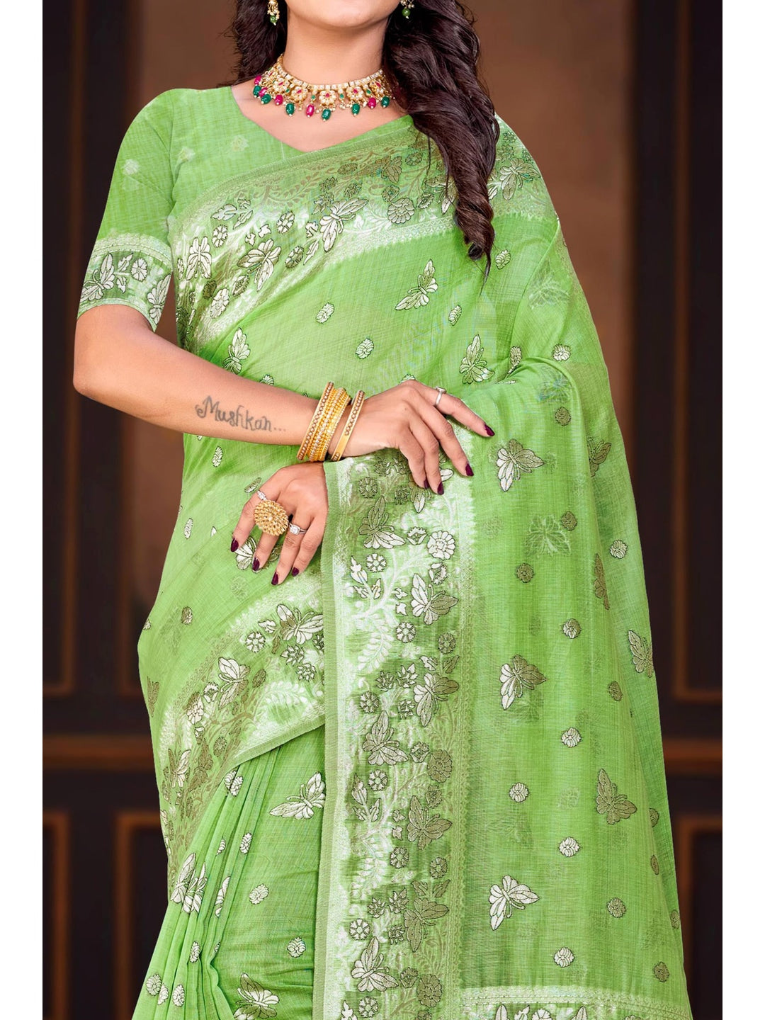 Peachmode Green Cotton Blend Aarohi cotton Saree - Image 4