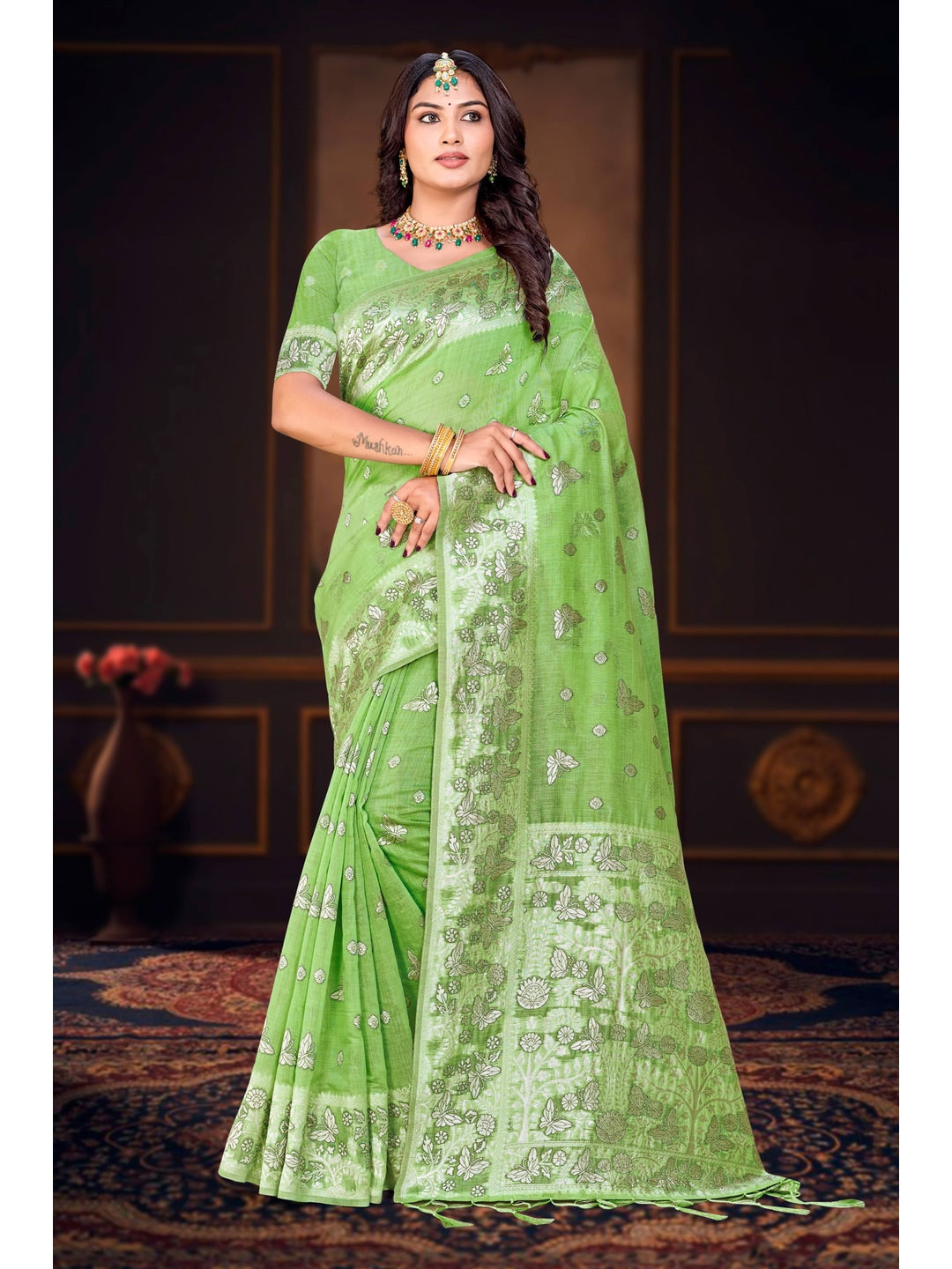 Peachmode Green Cotton Blend Aarohi cotton Saree - Image 1