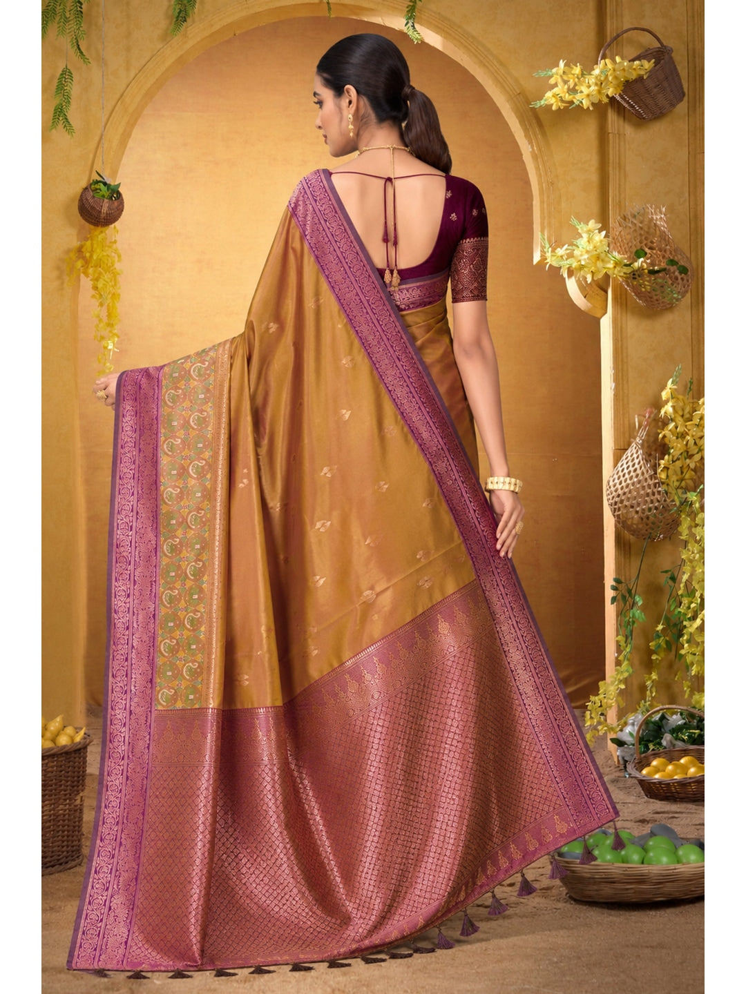 Peachmode Mustard Yellow Silk Blend Adiksha SIlk Saree - Image 5