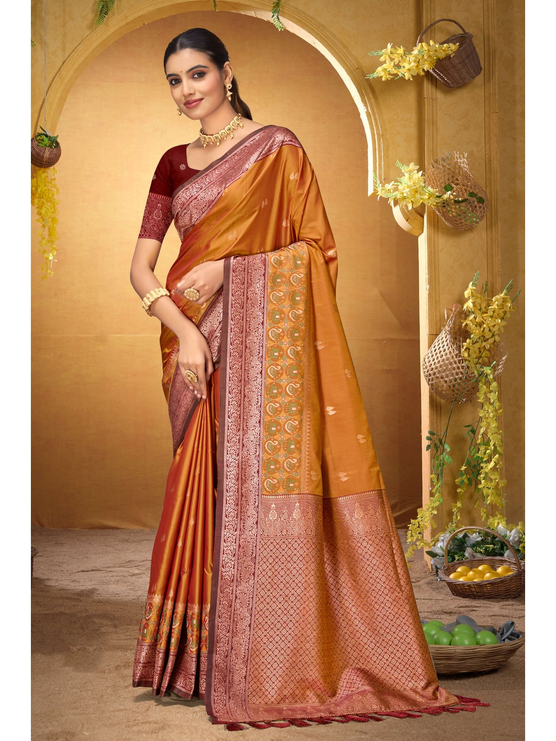 Peachmode Orange Silk Blend Adiksha SIlk Saree - Image 1