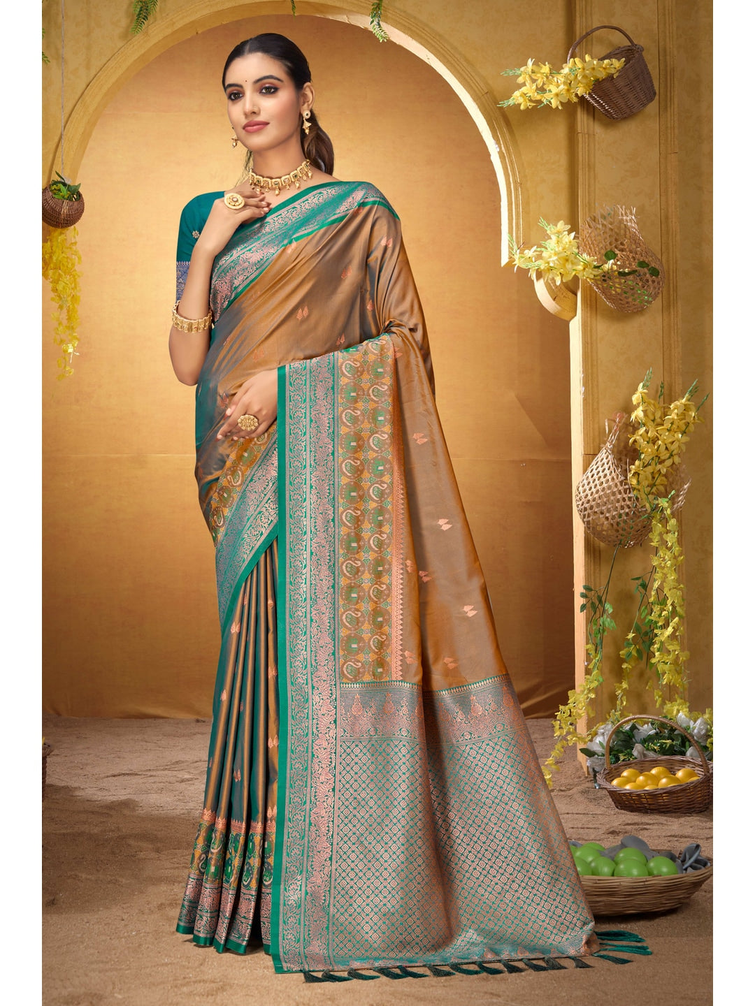 Peachmode Bronze Gold Silk Blend Adiksha SIlk Saree - Image 1