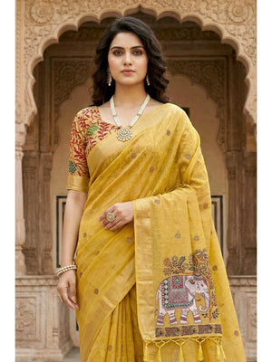 Peachmode Yellow Cotton Blend Country Plus Saree - Image 2