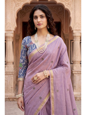 Peachmode Purple Cotton Blend Country Plus Saree - Image 2
