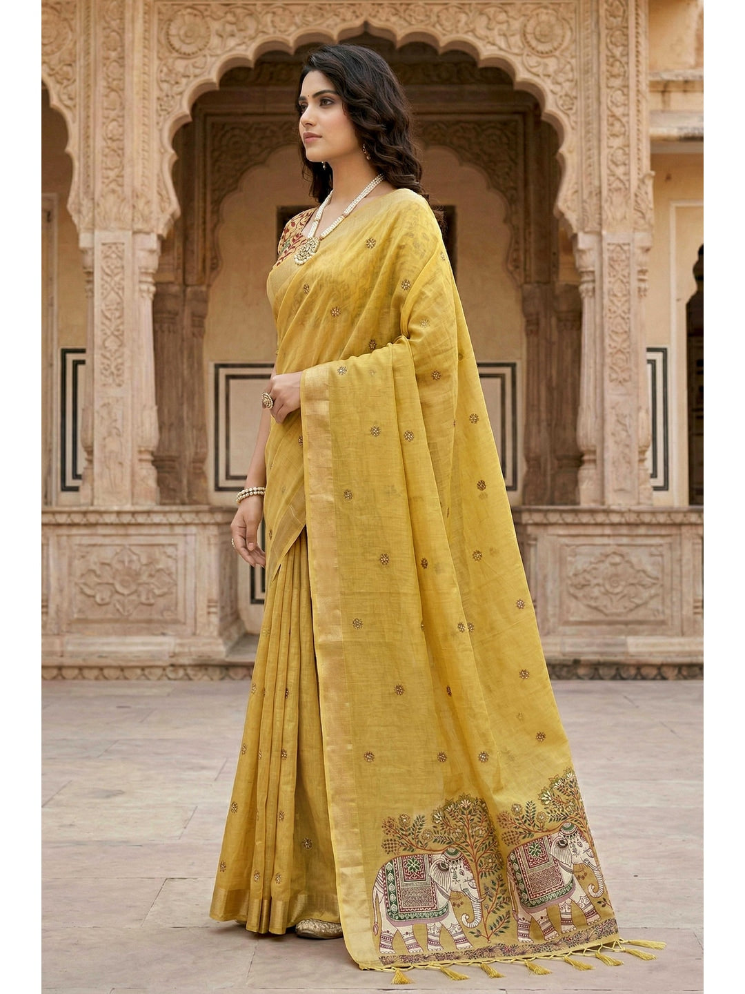 Peachmode Yellow Cotton Blend Country Plus Saree - Image 3