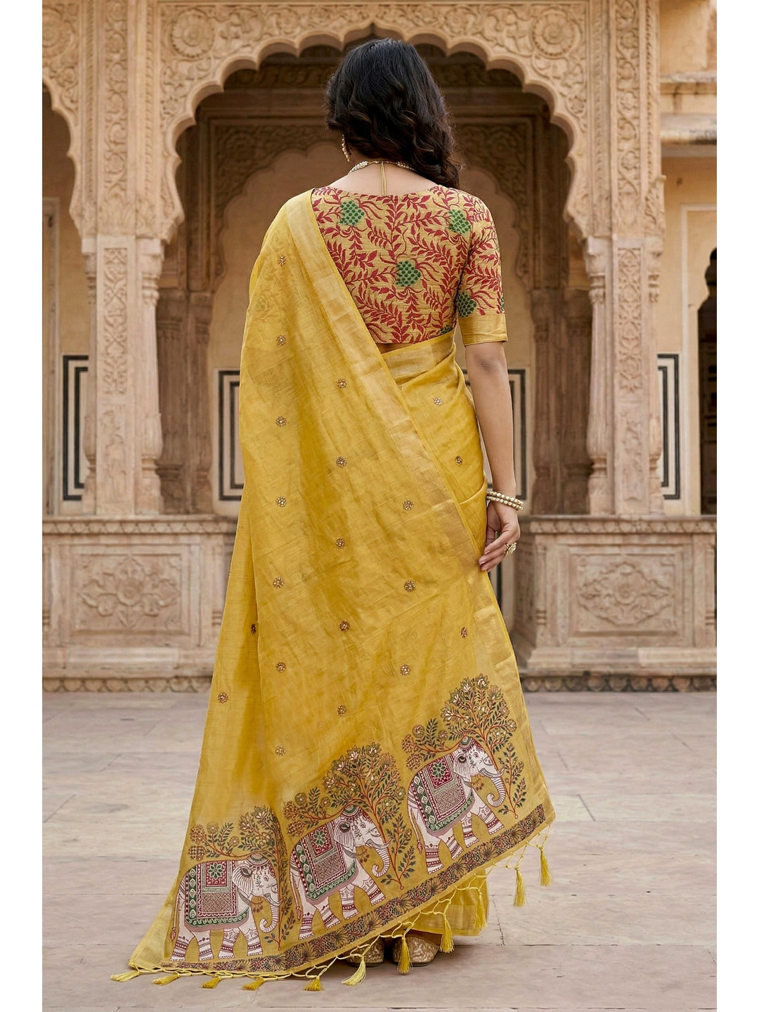 Peachmode Yellow Cotton Blend Country Plus Saree - Image 4