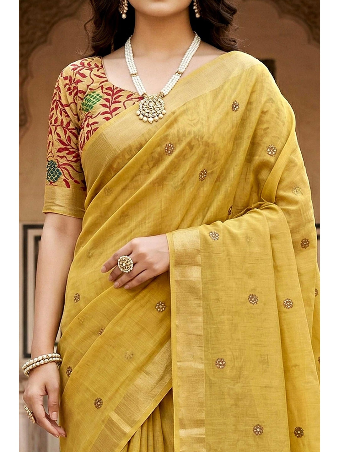Peachmode Yellow Cotton Blend Country Plus Saree - Image 5