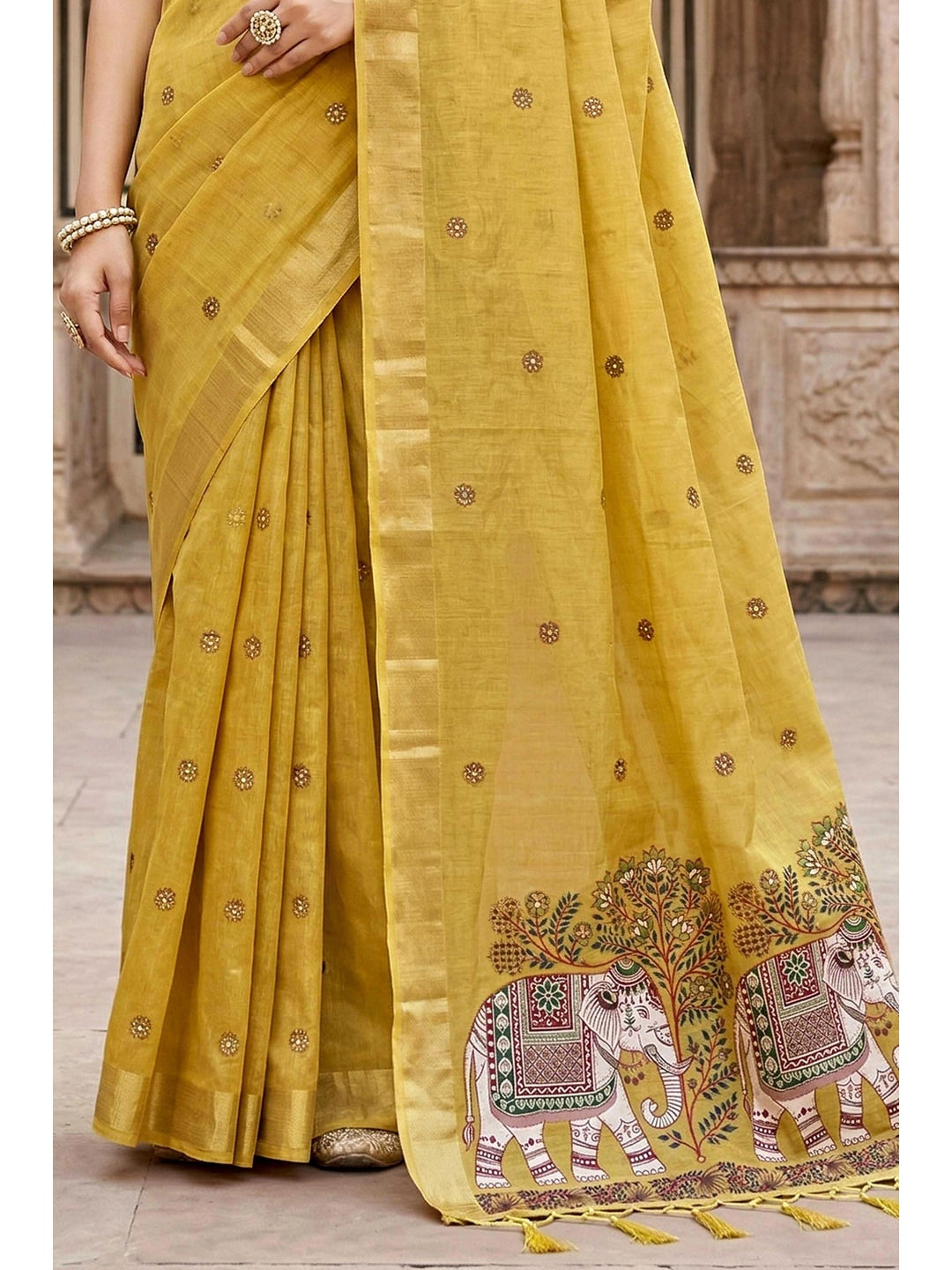 Peachmode Yellow Cotton Blend Country Plus Saree - Image 6