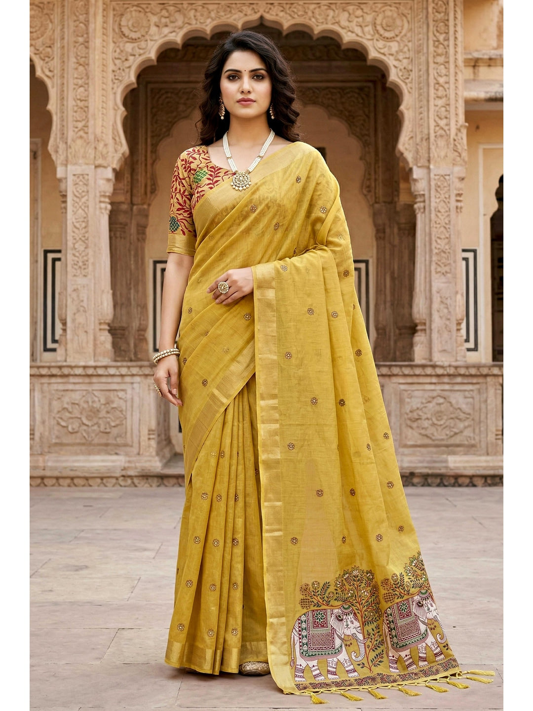 Peachmode Yellow Cotton Blend Country Plus Saree - Image 1