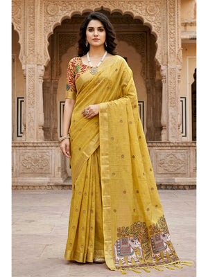 Peachmode Yellow Cotton Blend Country Plus Saree - Image 1