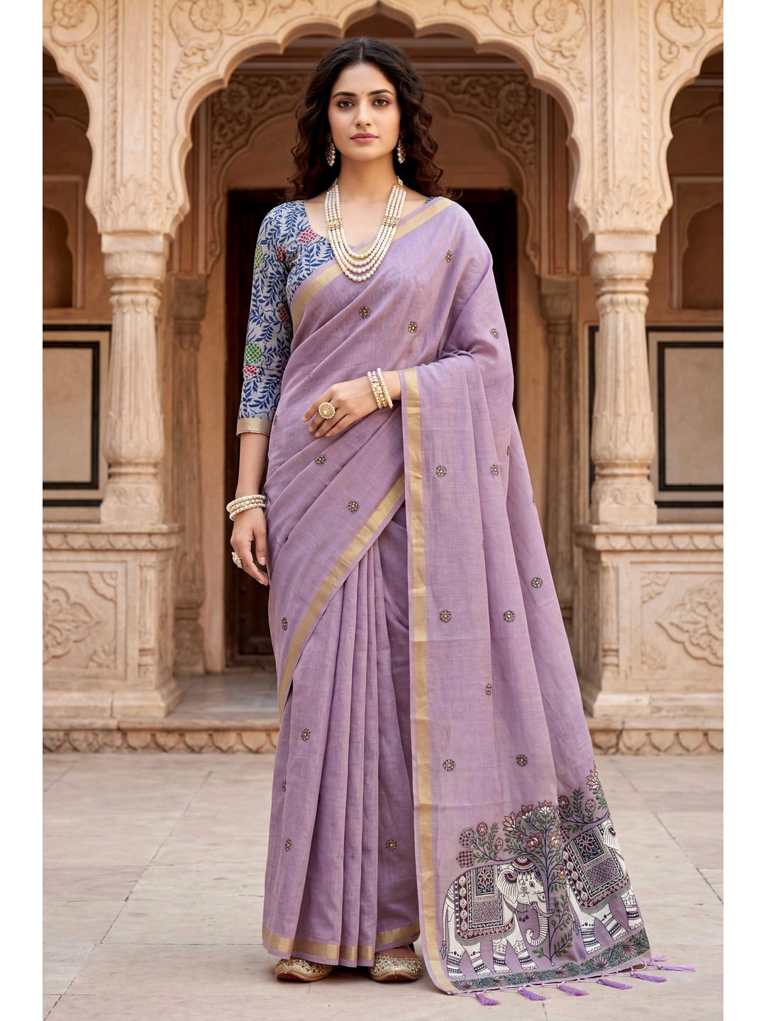 Peachmode Purple Cotton Blend Country Plus Saree - Image 1