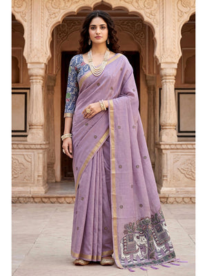 Peachmode Purple Cotton Blend Country Plus Saree - Image 1