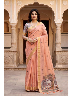 Peachmode Peach Cotton Blend Country Plus Saree - Image 1