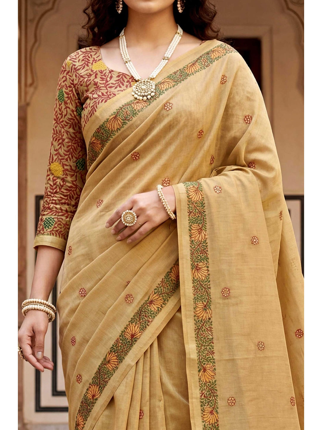 Peachmode Beige Cotton Blend Country Plus Saree - Image 5
