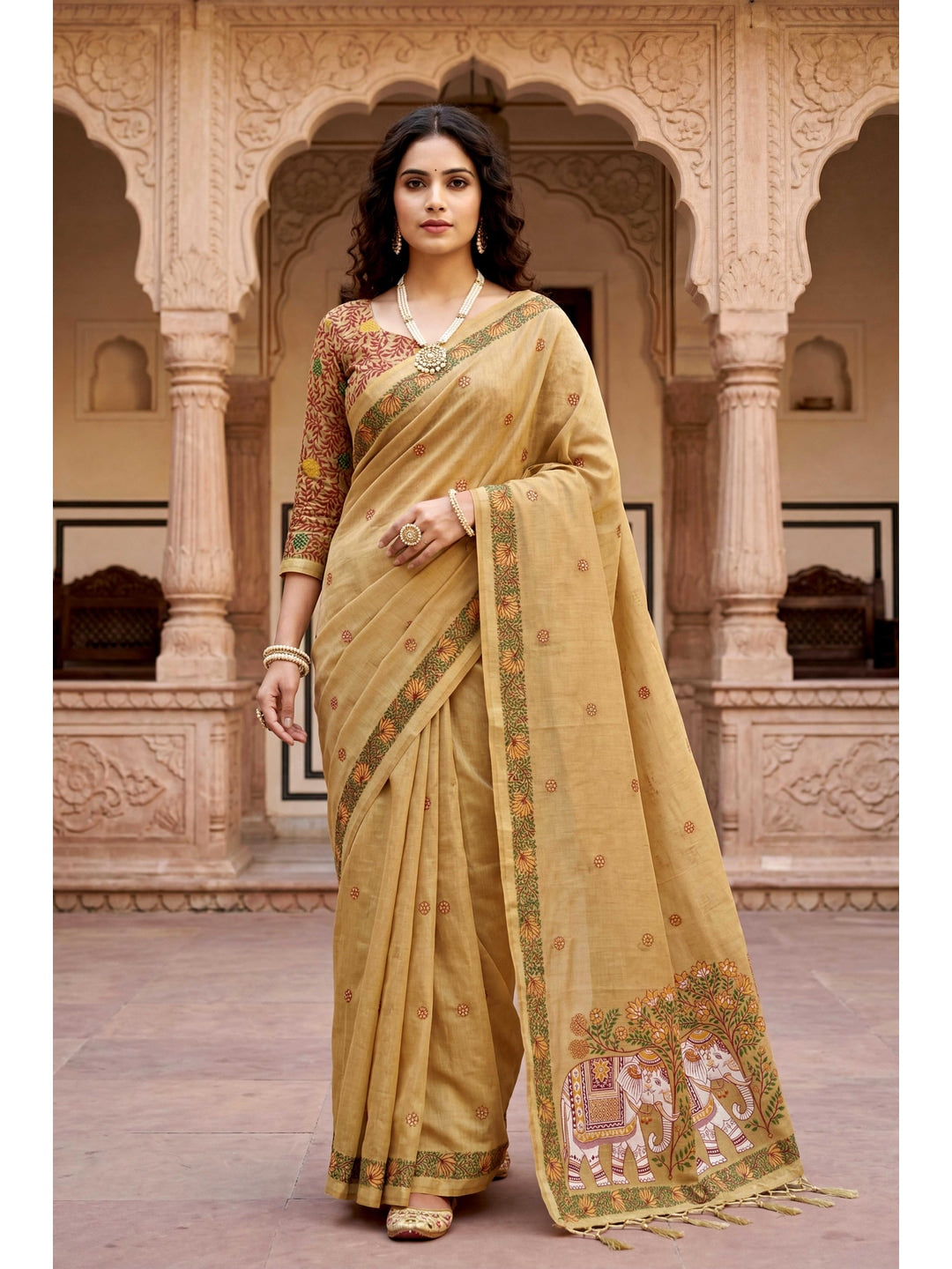 Peachmode Beige Cotton Blend Country Plus Saree - Image 1