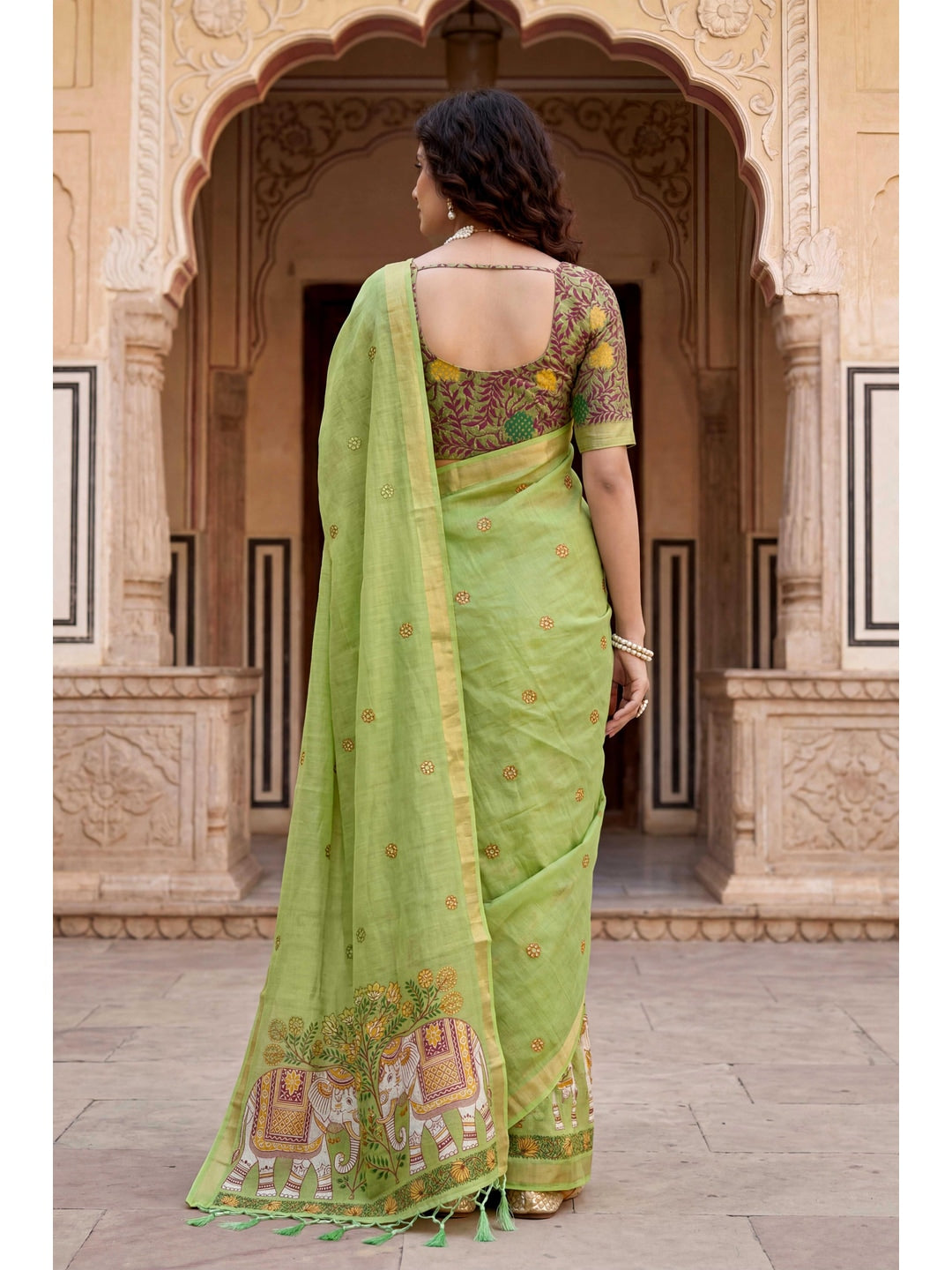 Peachmode Green Cotton Blend Country Plus Saree - Image 4