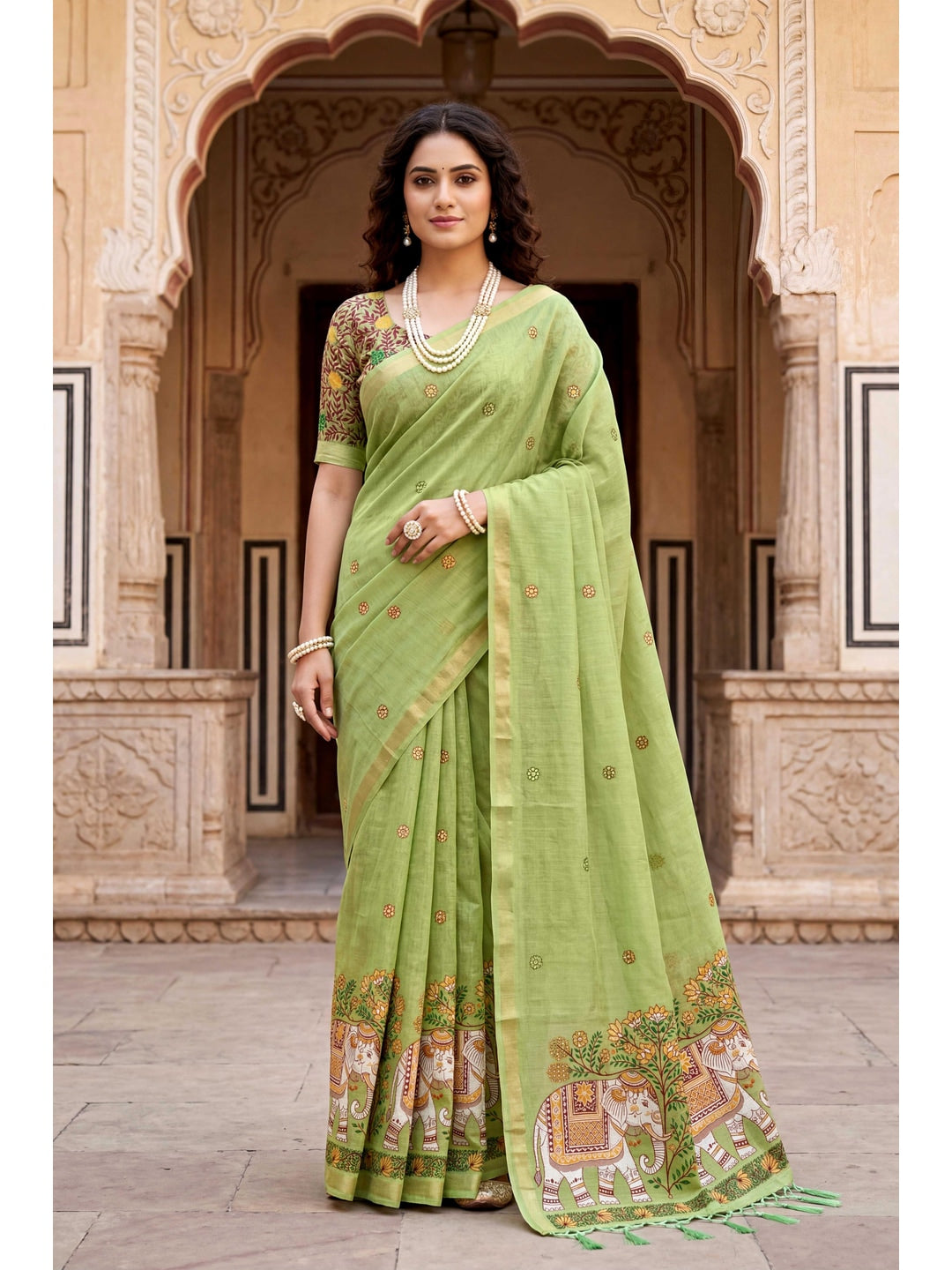 Peachmode Green Cotton Blend Country Plus Saree - Image 1