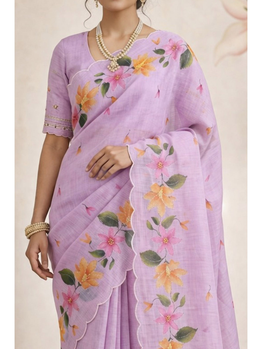 Peachmode Purple Cotton Blend Dashrangi Saree - Image 3