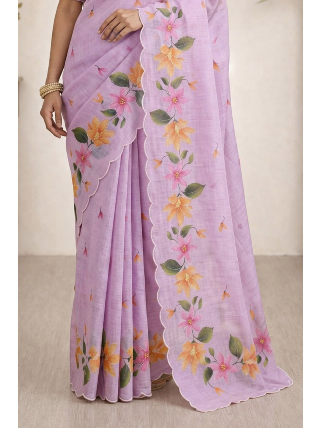 Peachmode Purple Cotton Blend Dashrangi Saree - Image 4