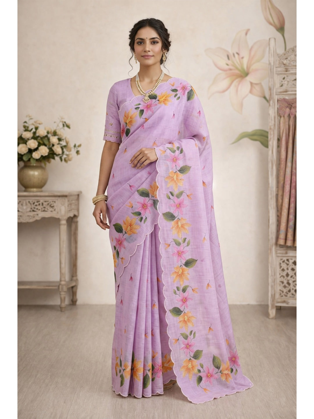 Peachmode Purple Cotton Blend Dashrangi Saree - Image 1