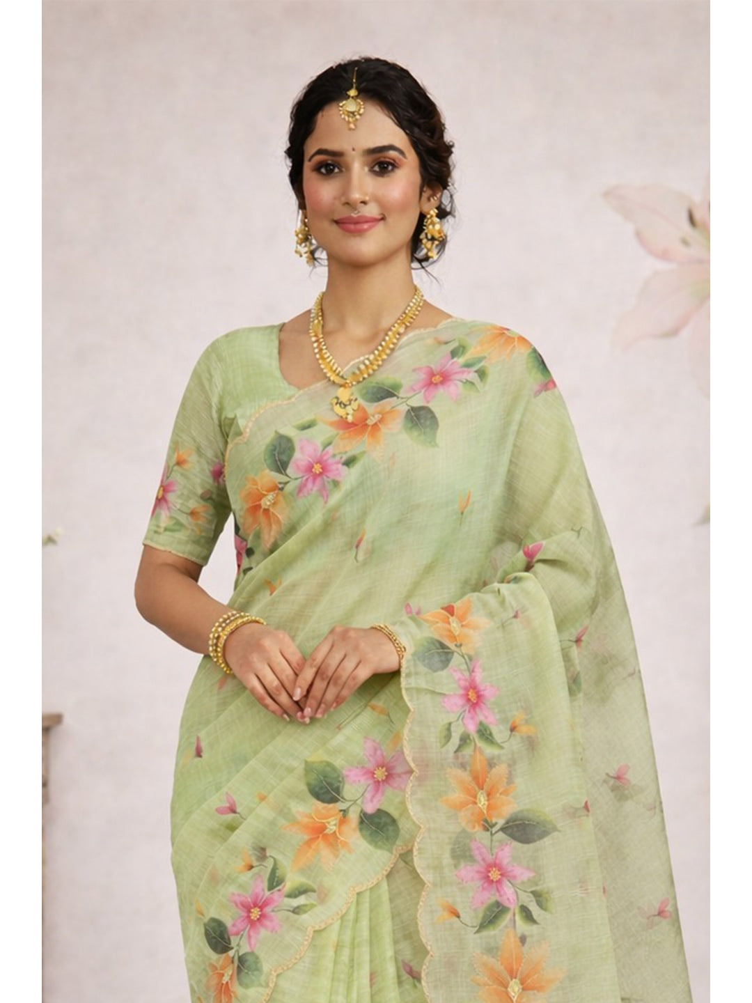 Peachmode Green Cotton Blend Dashrangi Saree - Image 2