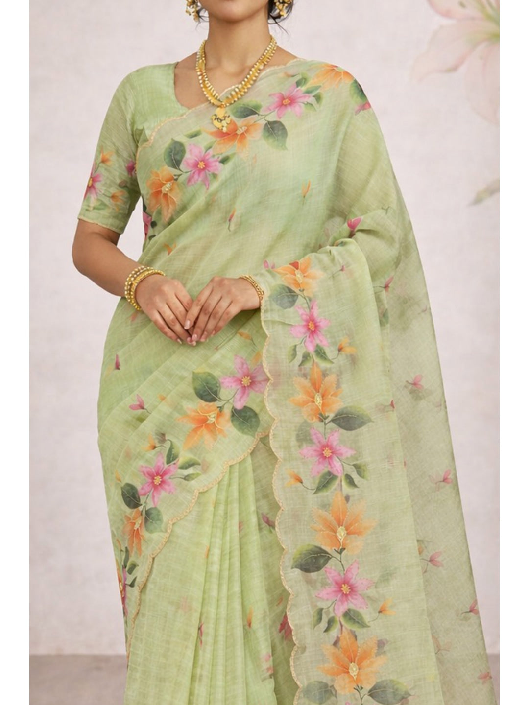 Peachmode Green Cotton Blend Dashrangi Saree - Image 3