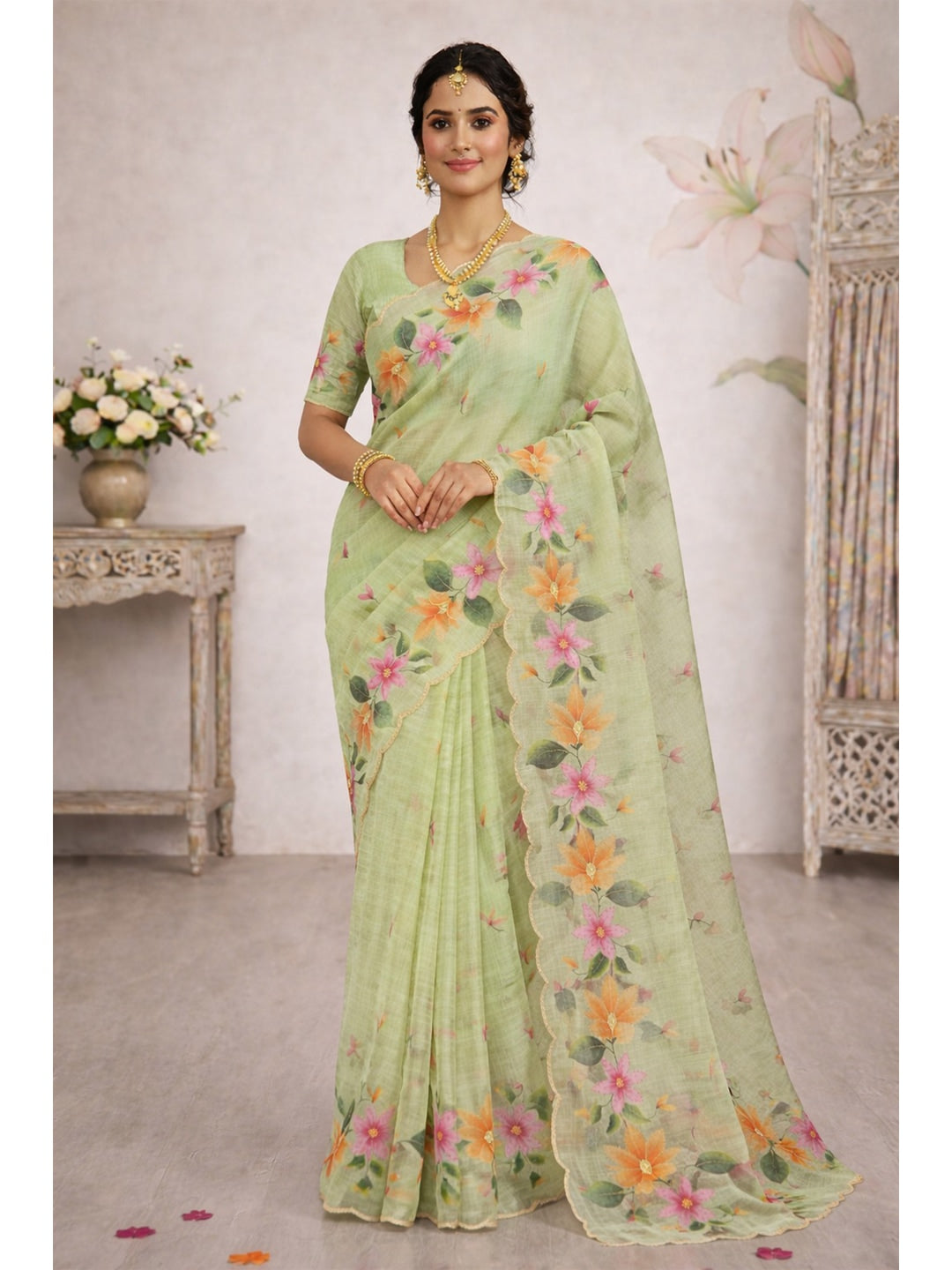 Peachmode Green Cotton Blend Dashrangi Saree - Image 1