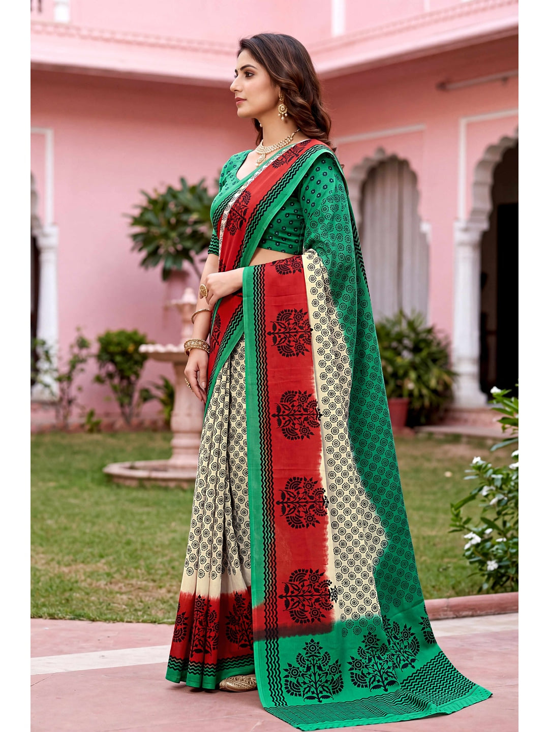 Peachmode Cream Georgette Saree - Image 3