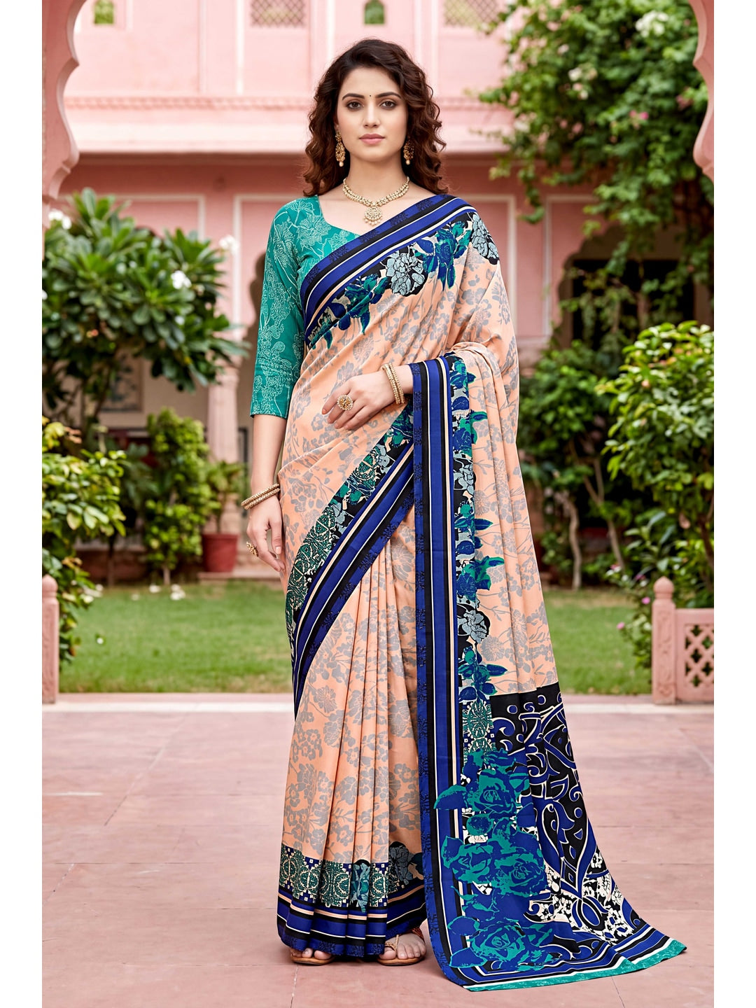 Peachmode Peach Georgette Saree - Image 1