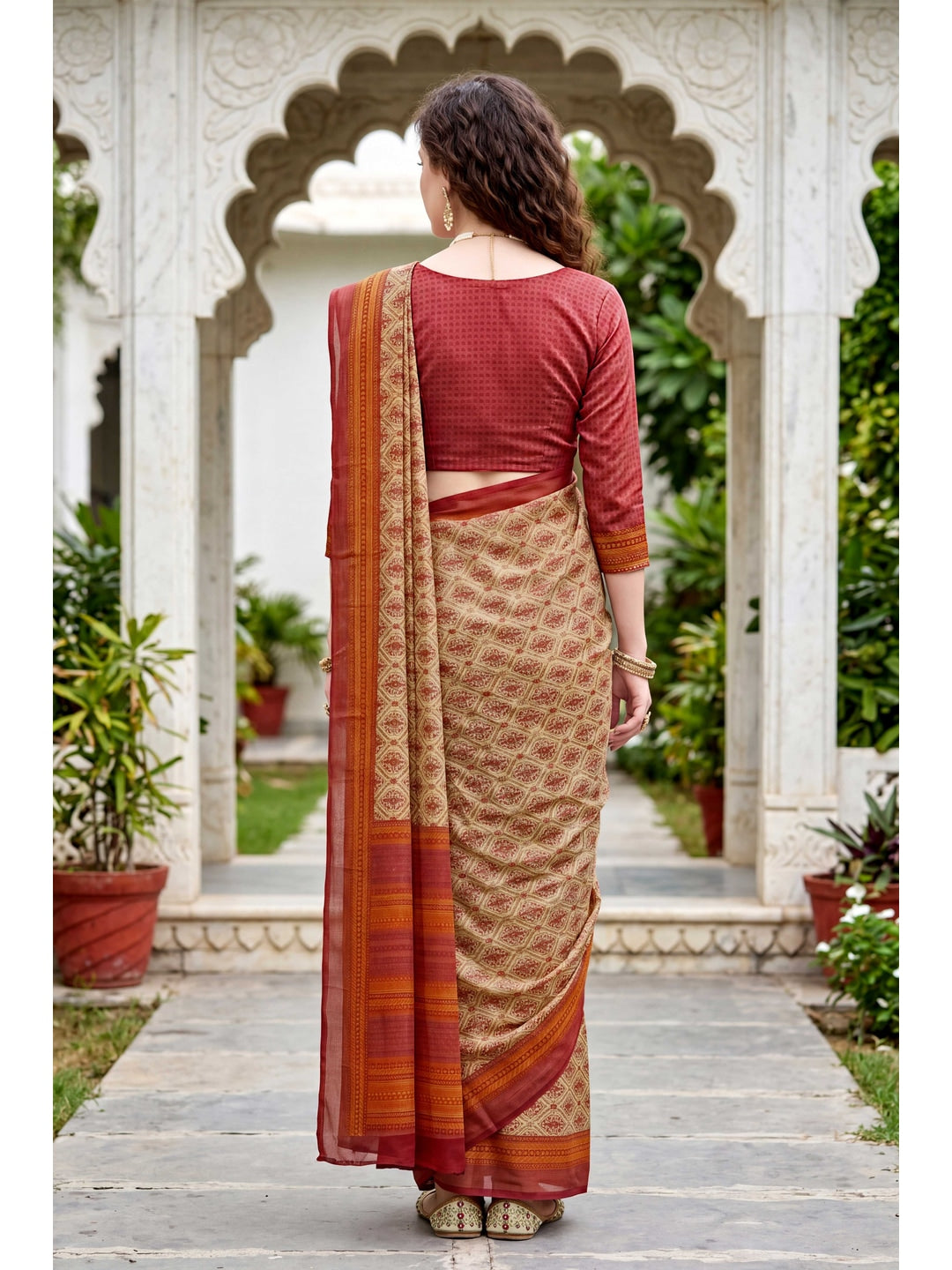 Peachmode Beige Georgette Saree - Image 2