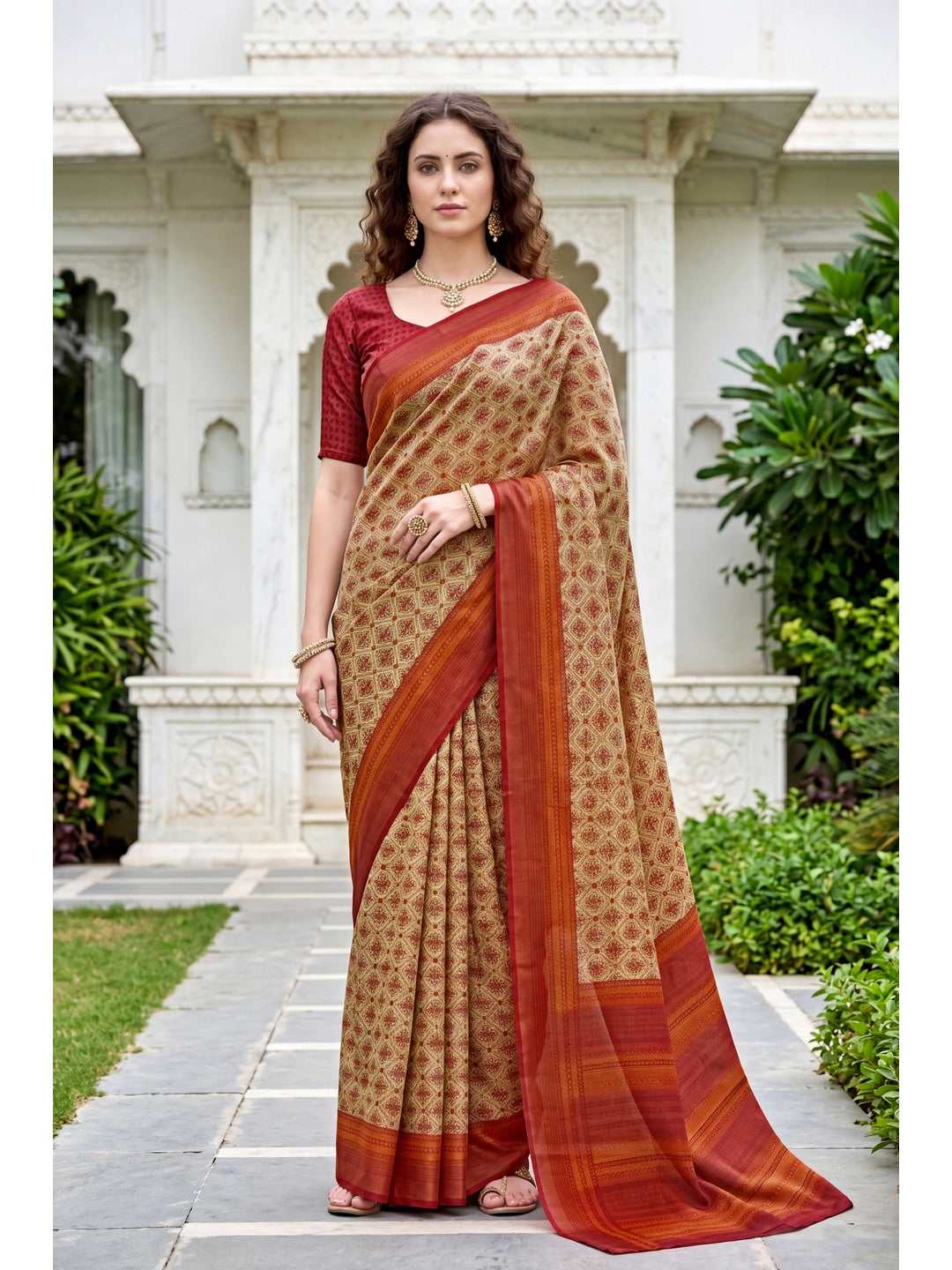 Peachmode Beige Georgette Saree - Image 1