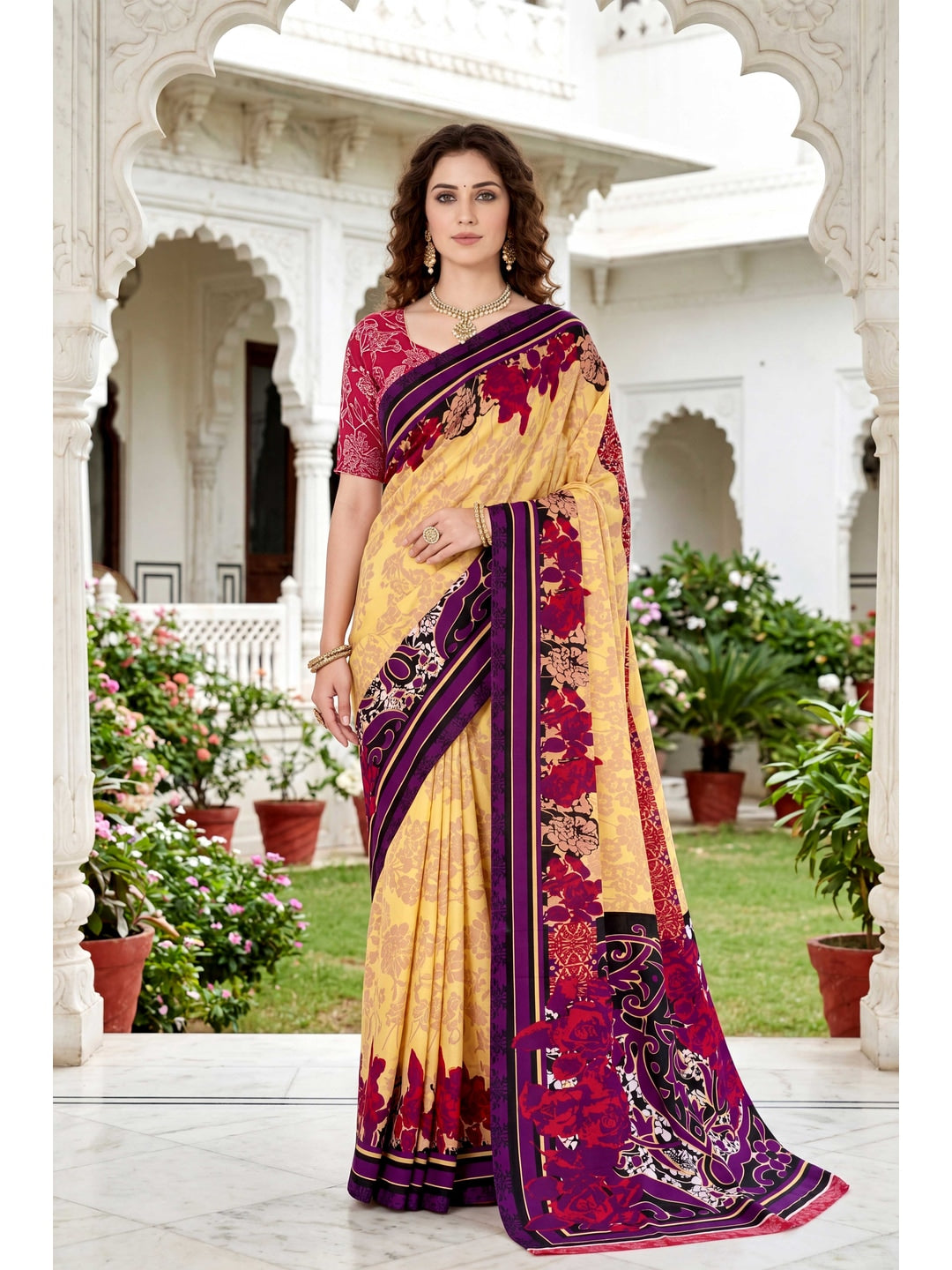 Peachmode Yellow Georgette Saree - Image 1