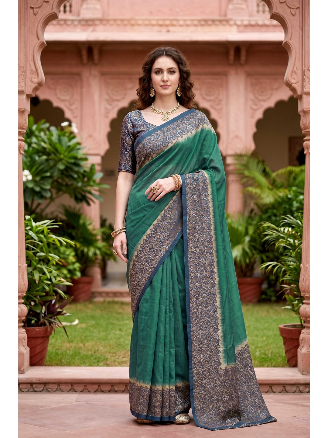 Peachmode Green Georgette Saree - Image 1