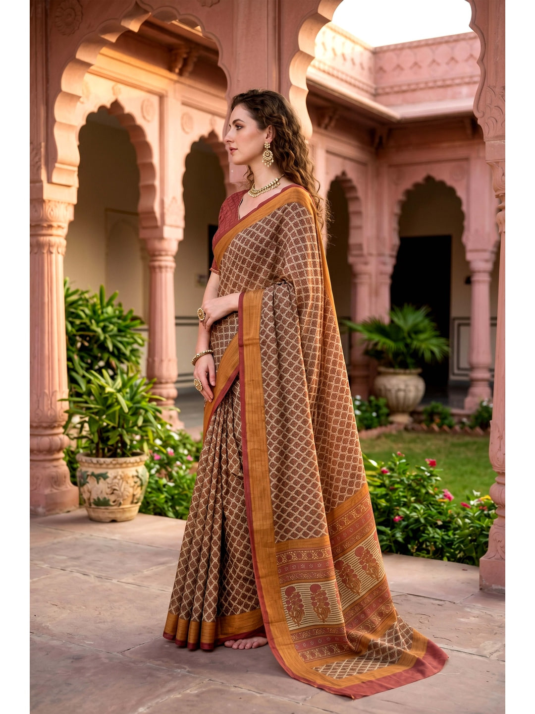 Peachmode Beige Georgette Saree - Image 3