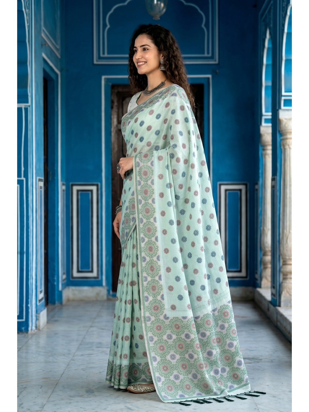 Peachmode Blue Cotton Blend Aananya Saree - Image 3