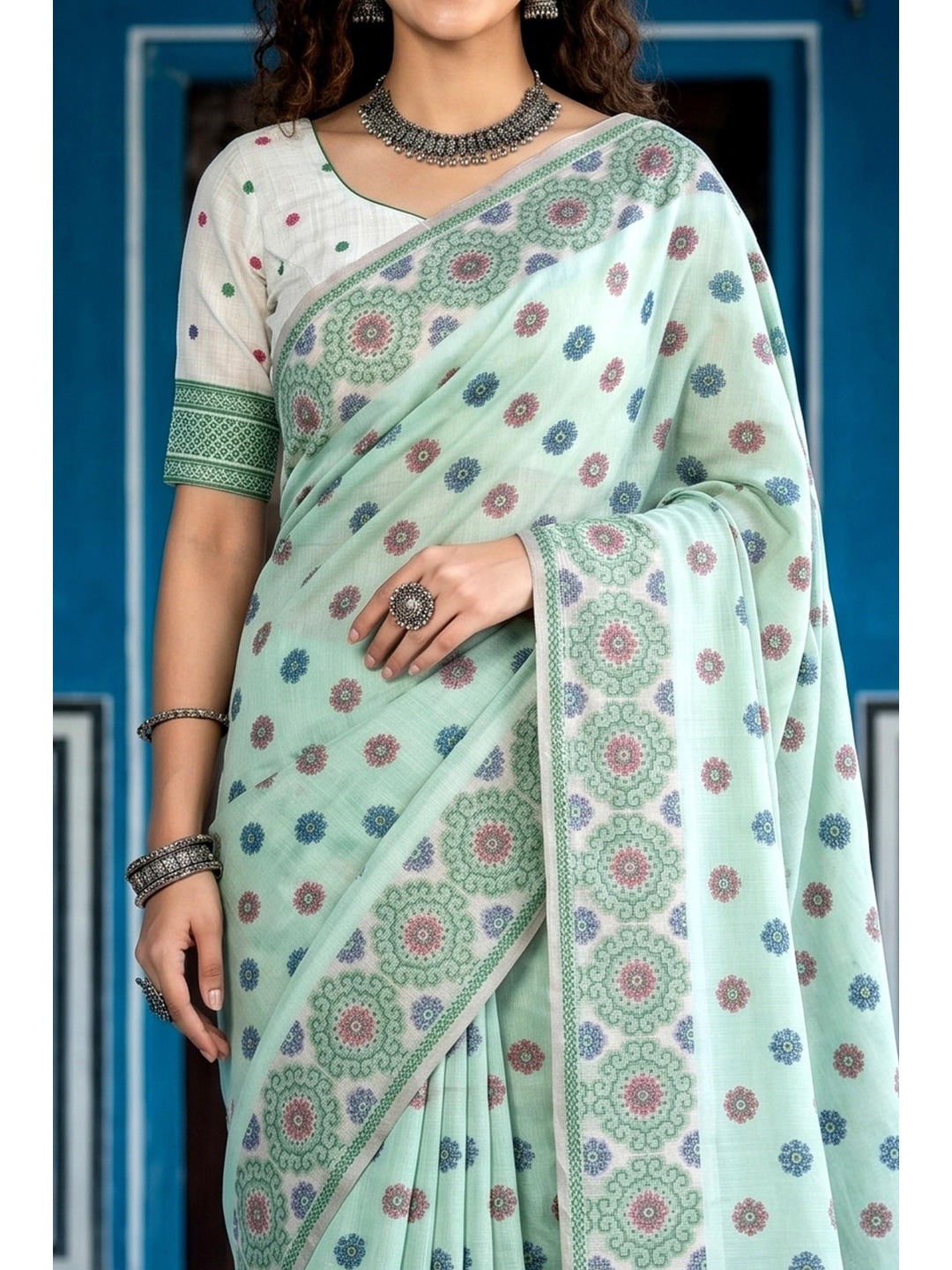 Peachmode Blue Cotton Blend Aananya Saree - Image 5