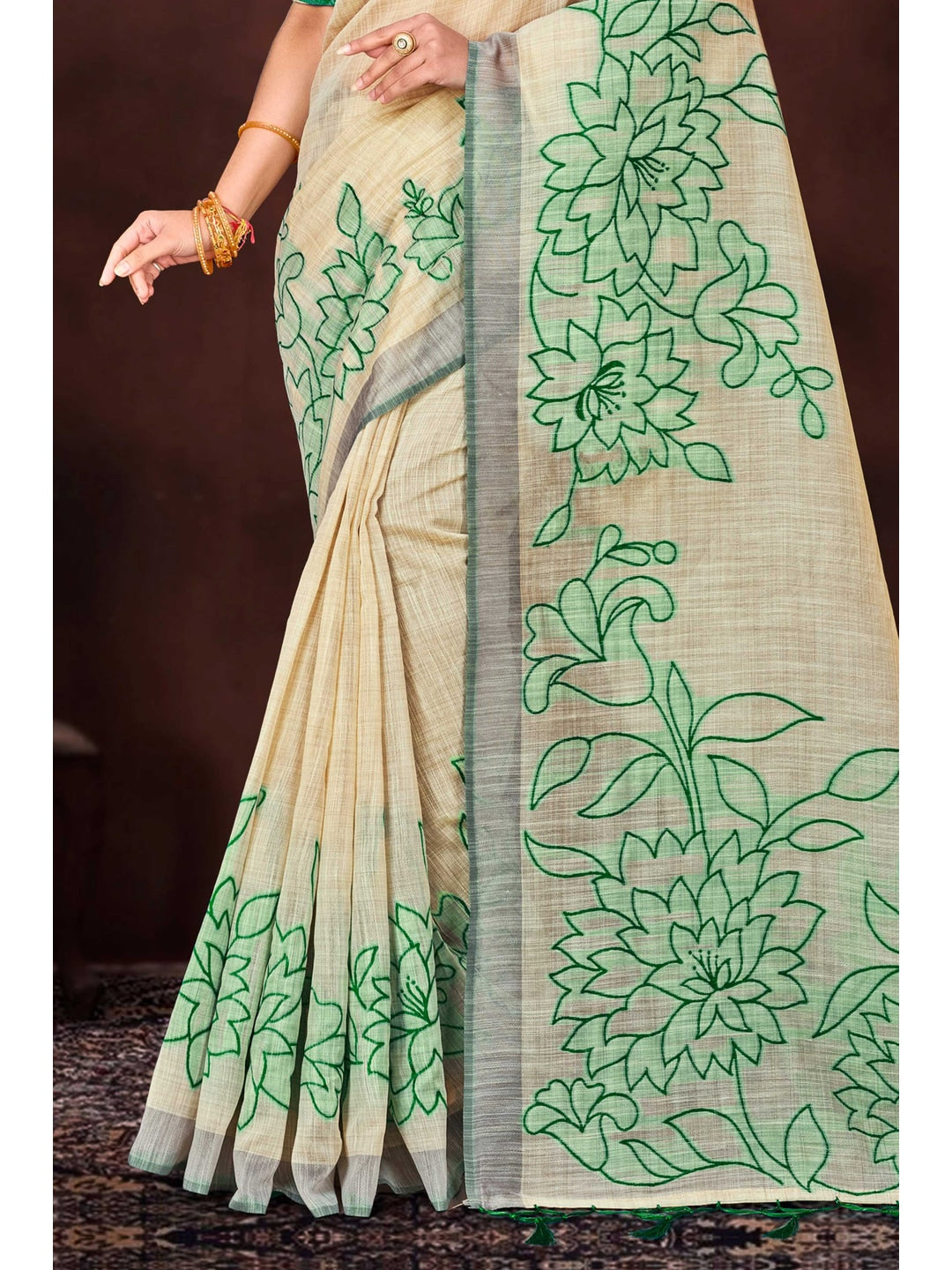 Peachmode Green Cotton Blend Aarika Cotton Saree - Image 3