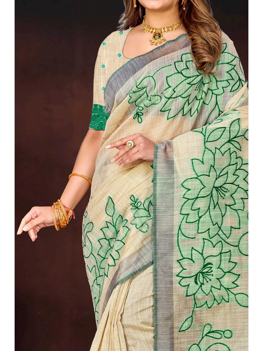 Peachmode Green Cotton Blend Aarika Cotton Saree - Image 5
