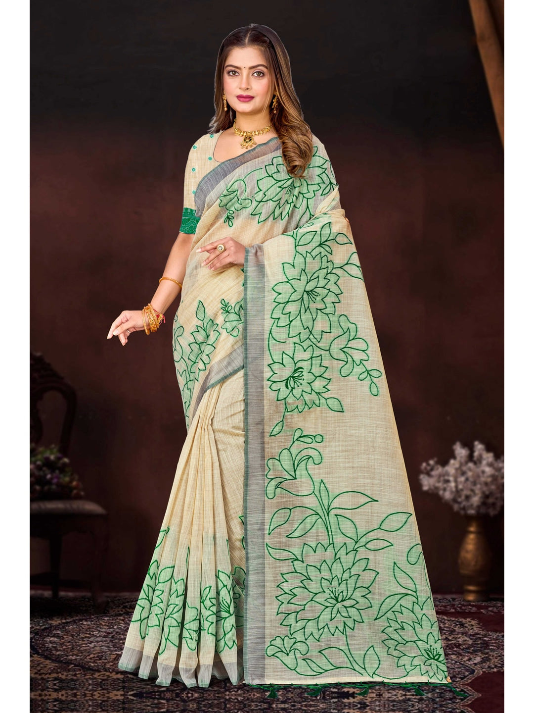 Peachmode Green Cotton Blend Aarika Cotton Saree - Image 1