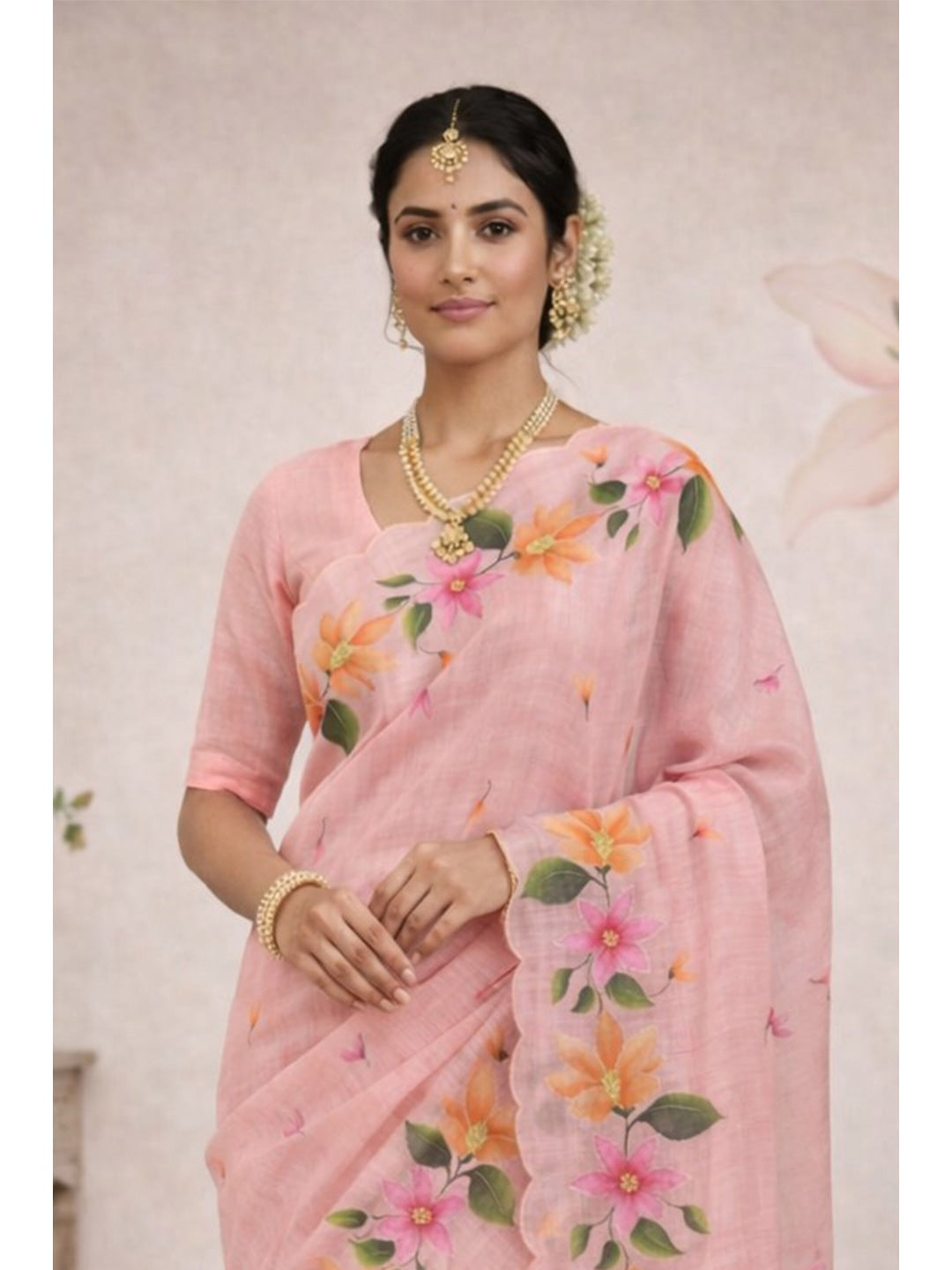 Peachmode Pink Cotton Blend Dashrangi Saree - Image 2