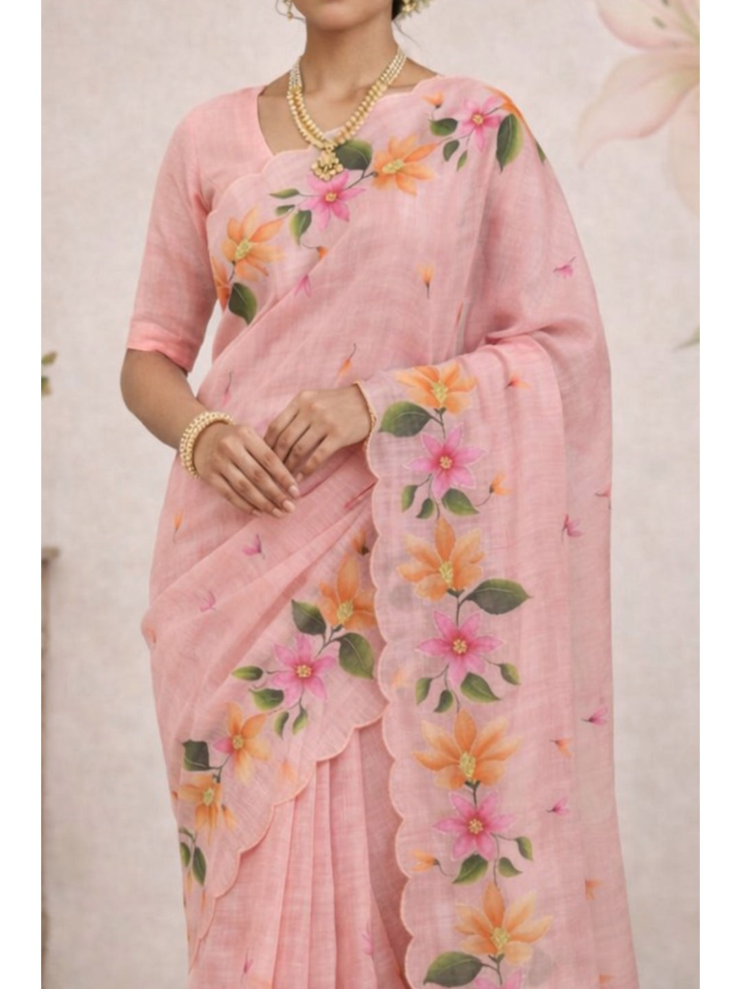 Peachmode Pink Cotton Blend Dashrangi Saree - Image 3