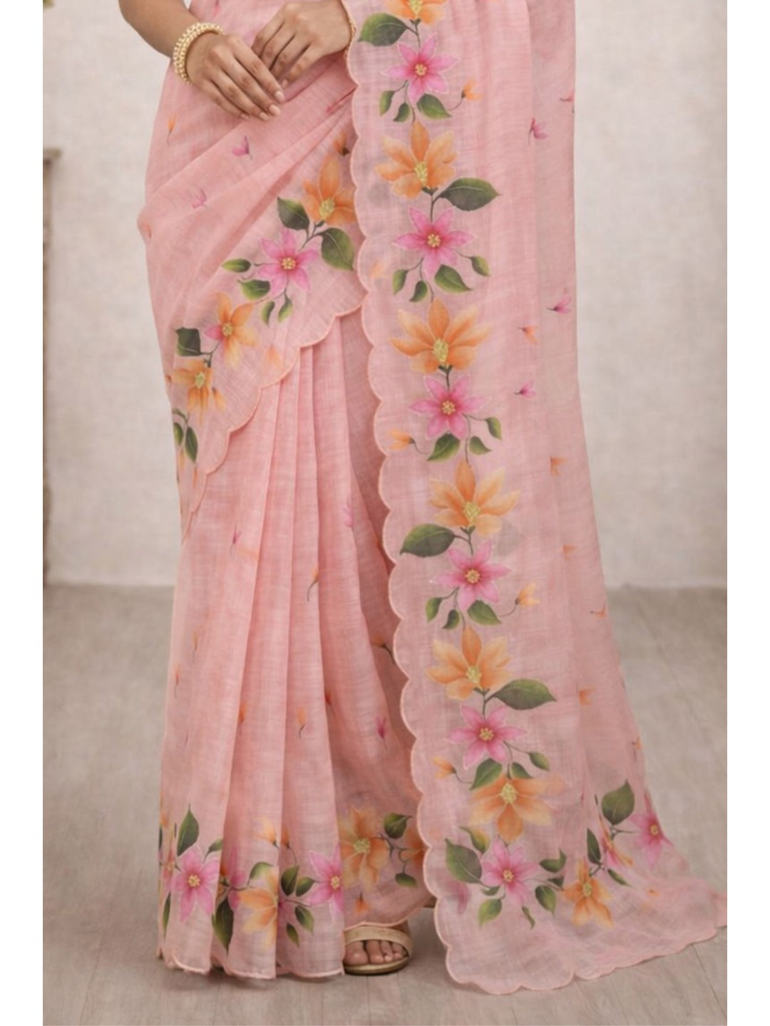 Peachmode Pink Cotton Blend Dashrangi Saree - Image 4