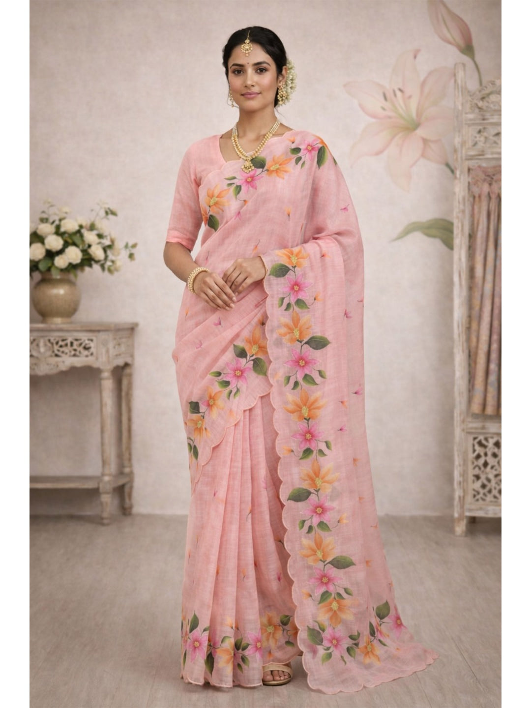 Peachmode Pink Cotton Blend Dashrangi Saree - Image 1